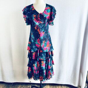 1980s 1990s Does 1930s Flowing Flutter Sleeve Floral Party Dress